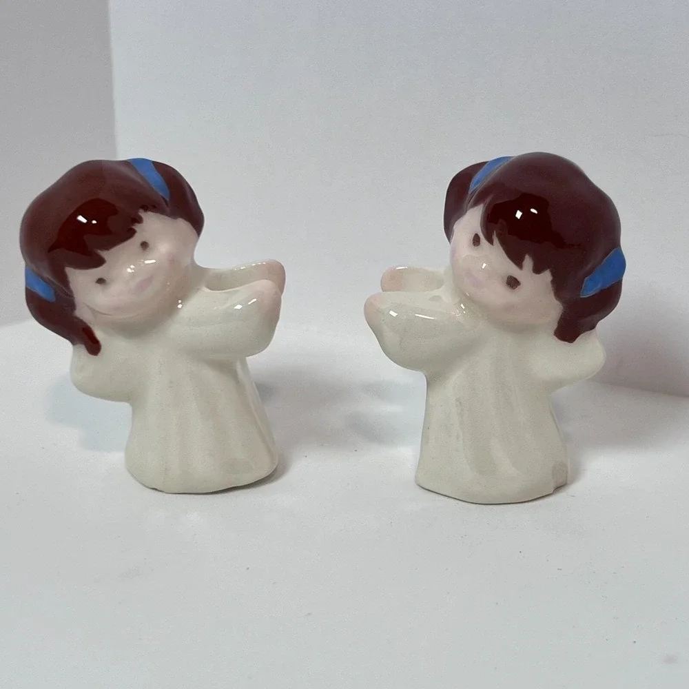 Vintage Angel Taper Candle Huggers Christmas Hand Painted Set of 2 Glossy